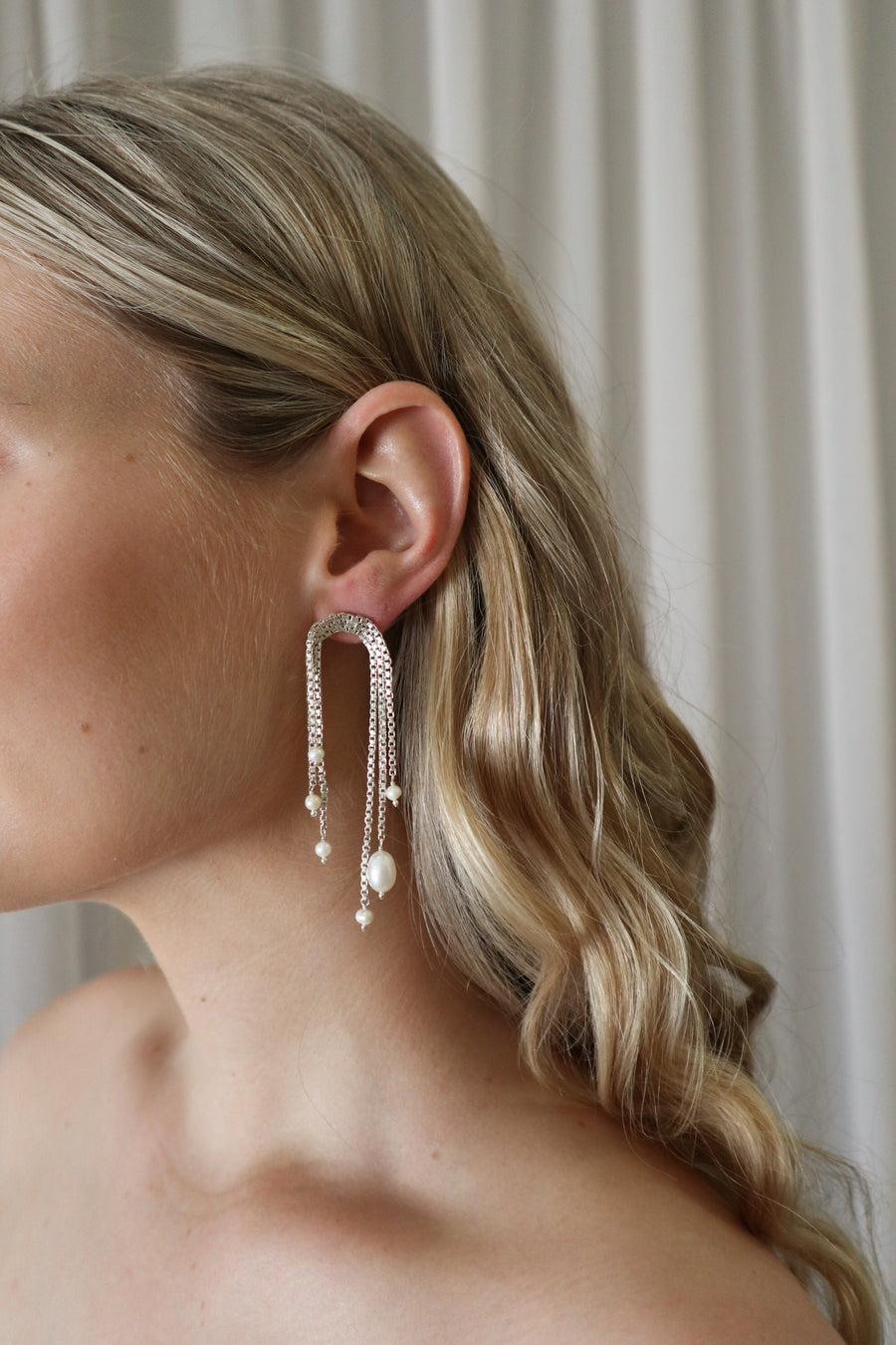 Silver pearl chain earrings